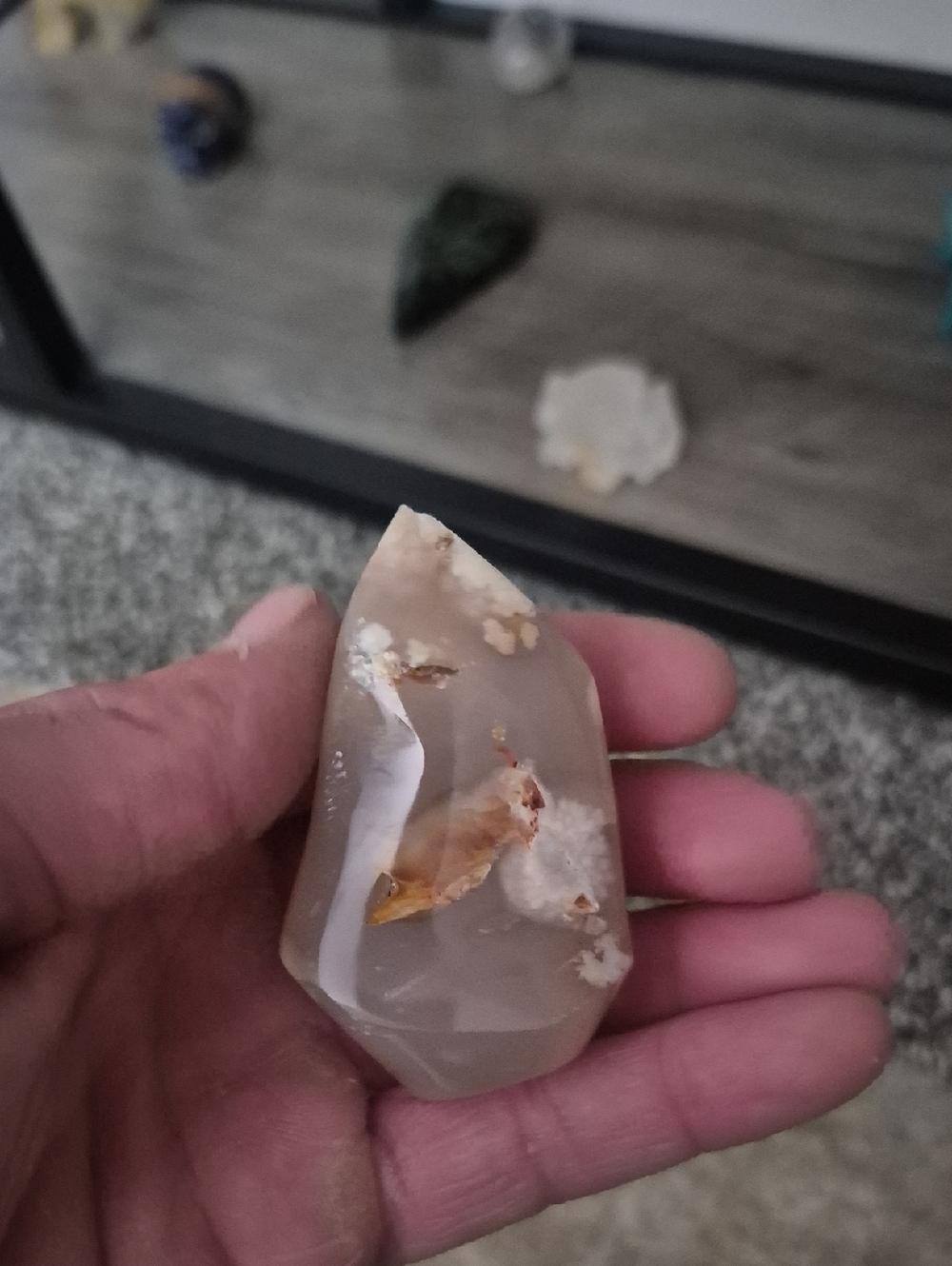 Polished Agate Point in Gray and Cream with Golden Veins